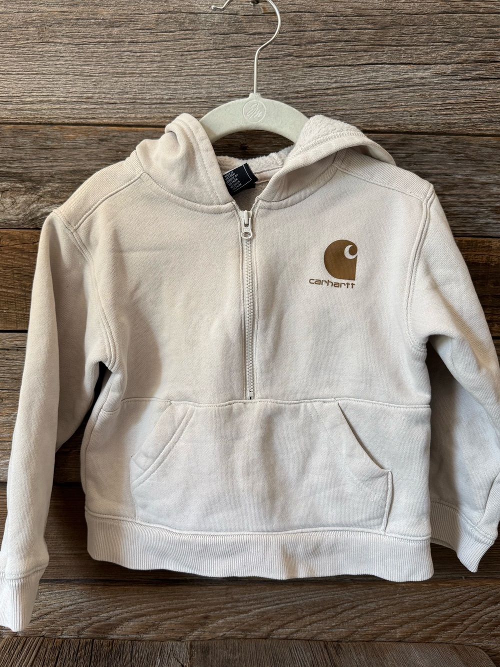 Carhartt Kids Distressed Cream Half-Zip Hoodie with Kangaroo Pocket 3T